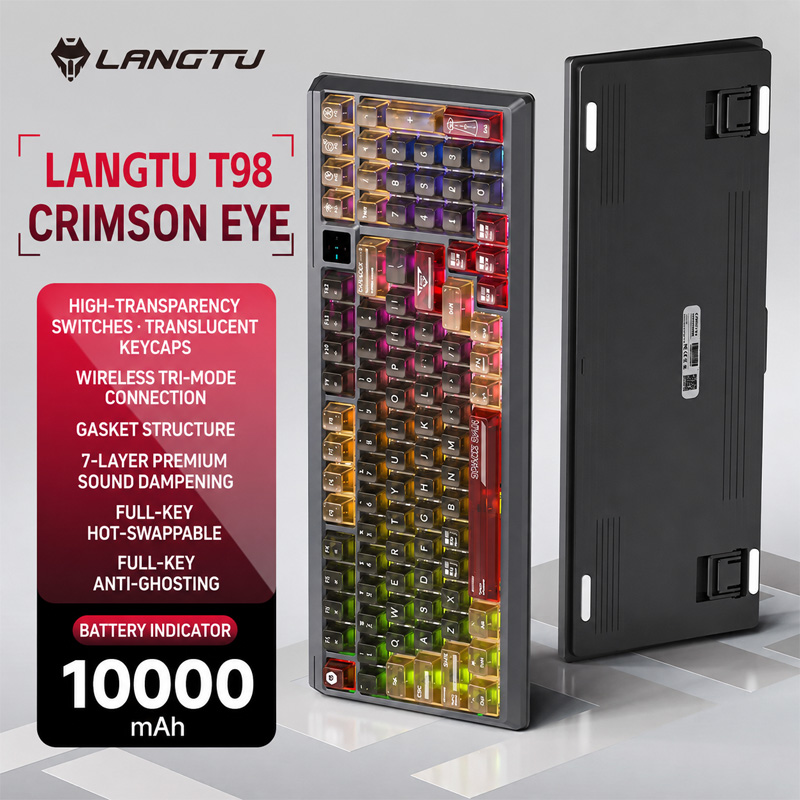 คีย์บอร์ดกลไก Tri‐Mode LANGTU T98, 98 ปุ่ม, สวิตช์เปลี่ยนร้อนแบบ Gasket, ไฟ RGB, คีย์บอร์ดเกมมิ่งพร้