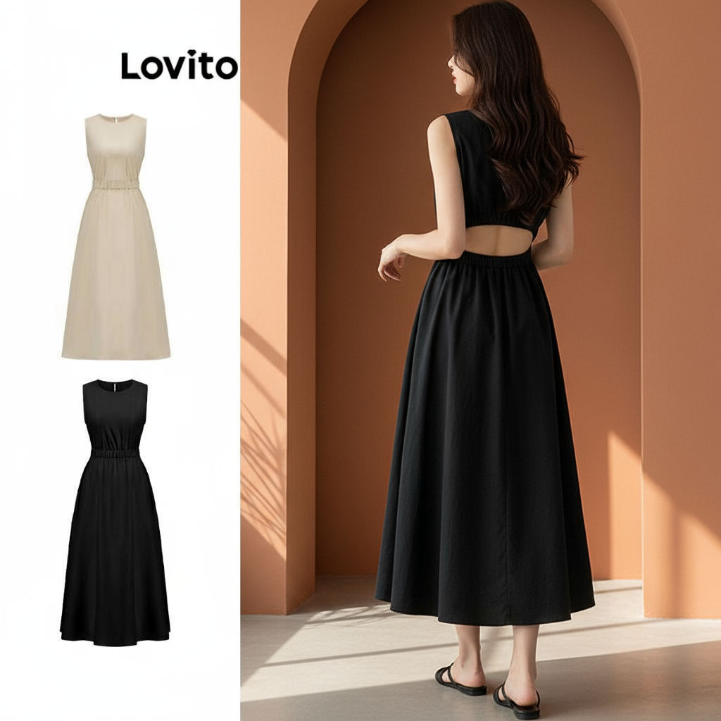 Lovito ชุดเดรสผู้หญิง ทรงบอล สายผูกด้านหลัง เอวยางยืด L77ED270 (หลากสี)\5