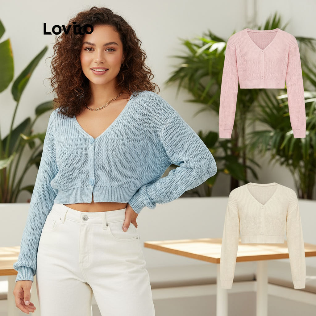 Lovito เสื้อคาร์ดิแกนลําลองเสื้อคาร์ดิแกนสเวตเตอร์ติดกระดุมแขนยาวคอวีสีพื้นสําหรับผู้หญิง L21LT110 (