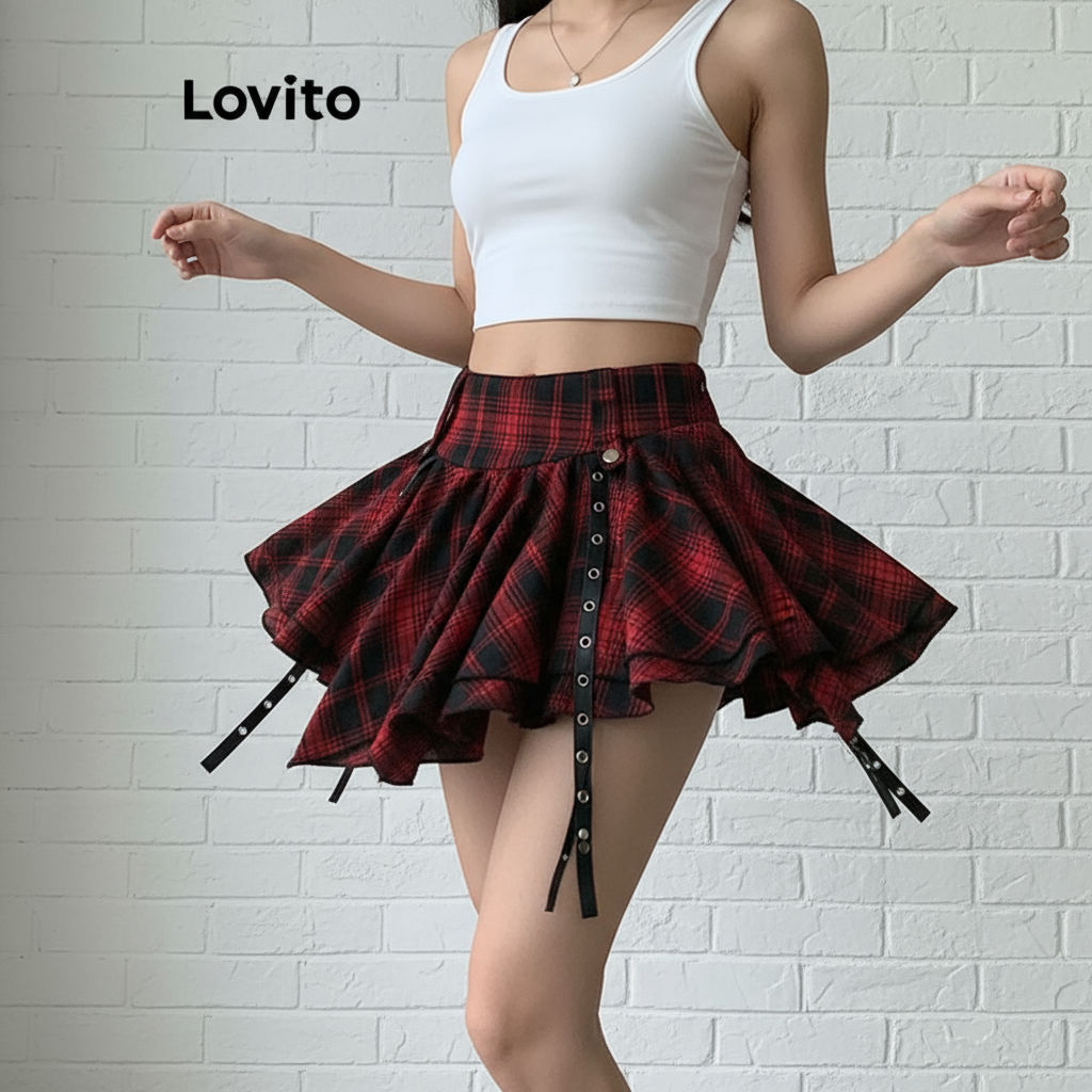 Lovito กระโปรงผู้หญิง ลายสก็อต บล็อกสี จีบรอบ สไตล์คริสต์มาส LNE75416\3