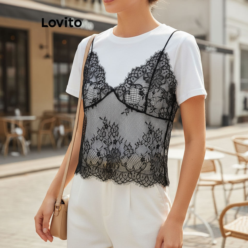 Lovito เสื้อยืดผู้หญิง ลูกไม้ เย็บต่อ ผ้า สีพื้น หรูหรา L106AD114\2