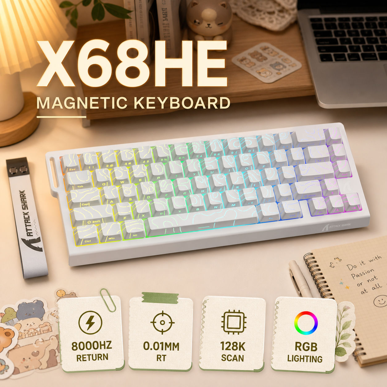 Attack Shark X68HE คีย์บอร์ดแม่เหล็กคีย์บอร์ดเกมปุ่มกด 66 คีย์ 8000Hz Polleling Rate 0.125ms Latency