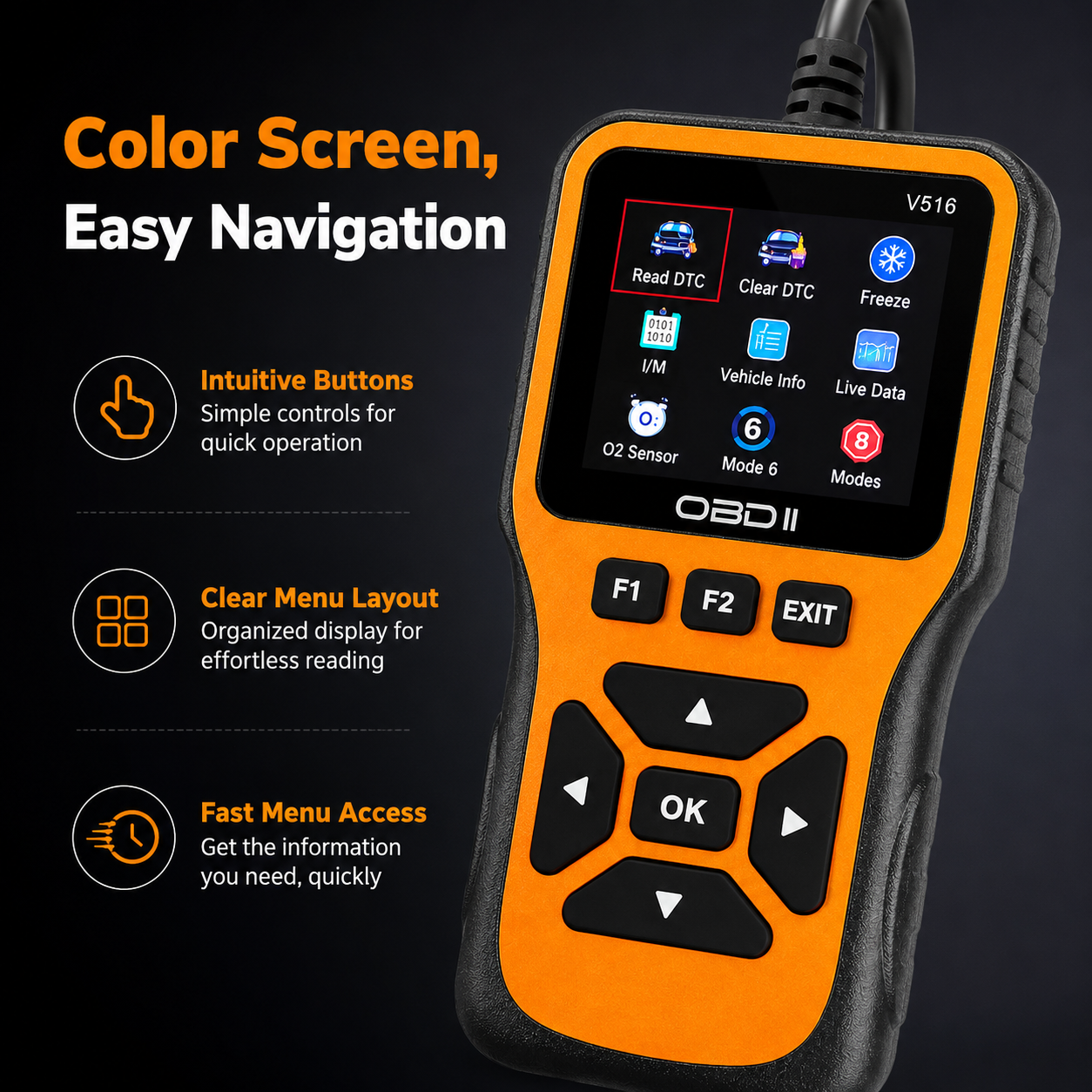V516 Obd2 เครื่องสแกนเนอร์ 8 ฟังก์ชั่นเครื่องอ่านรหัสเครื่องยนต์ Live Data O2 Test Freeze Frame I/m 