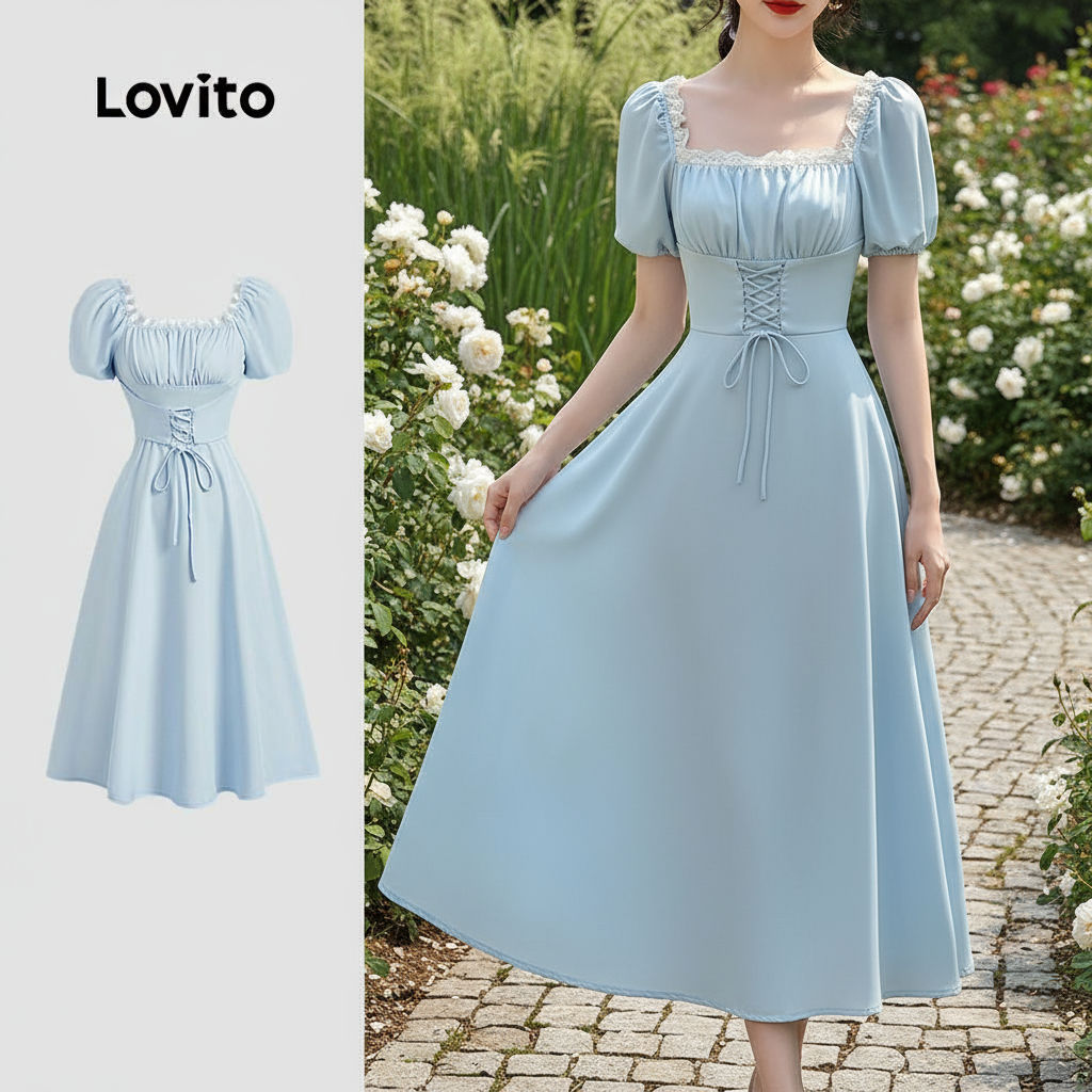 Lovito เดรสผู้หญิงสไตล์ลําลอง ผูกเชือก เรียบง่าย ใส่สบาย สําหรับฤดูร้อนและฤดูใบไม้ผลิ รหัสสินค้า L128ED120