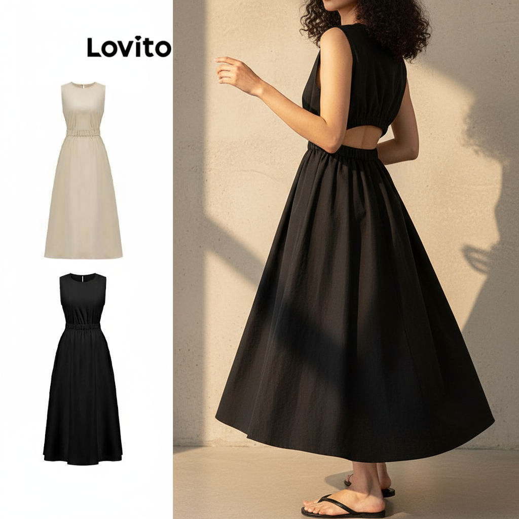 Lovito Refine เดรสเปิดหลังผูกเอว ยืดหยุ่นสําหรับผู้หญิง L77ED270 (หลากสี)\3