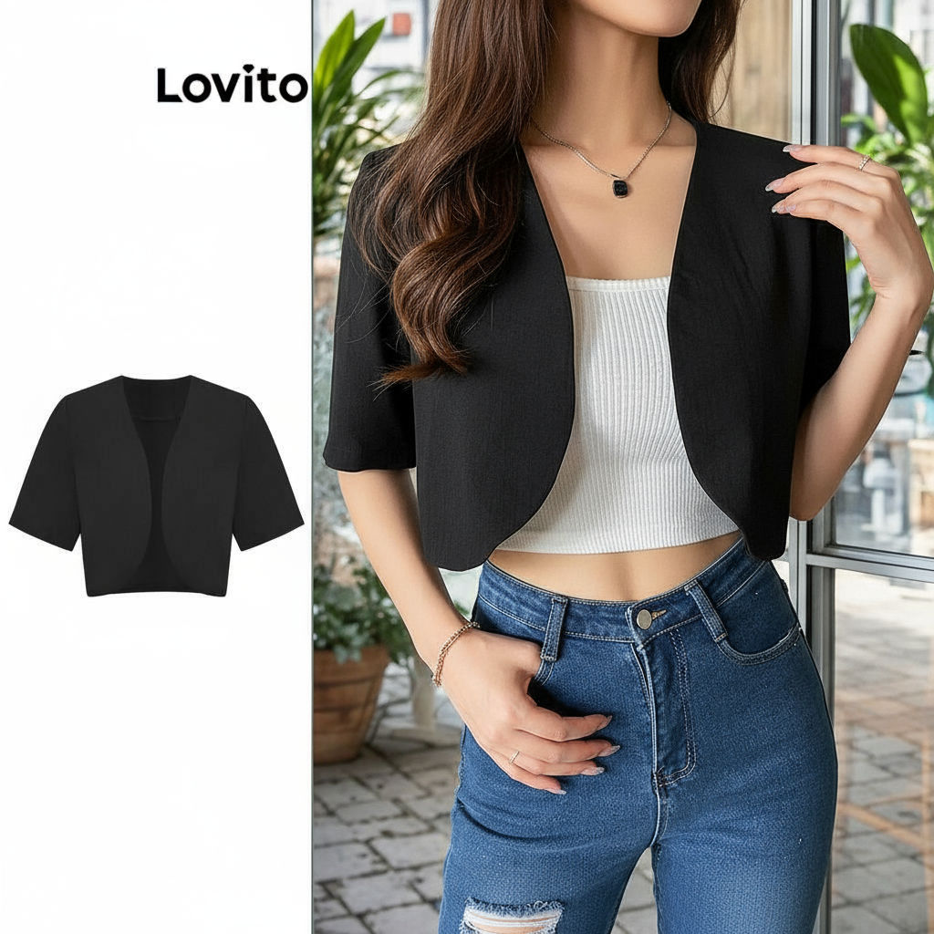 Lovito เสื้อเบลเซอร์ผู้หญิงลําลอง เสื้อเชิ้ตพื้นฐาน ครอปเรียบ L74ED070