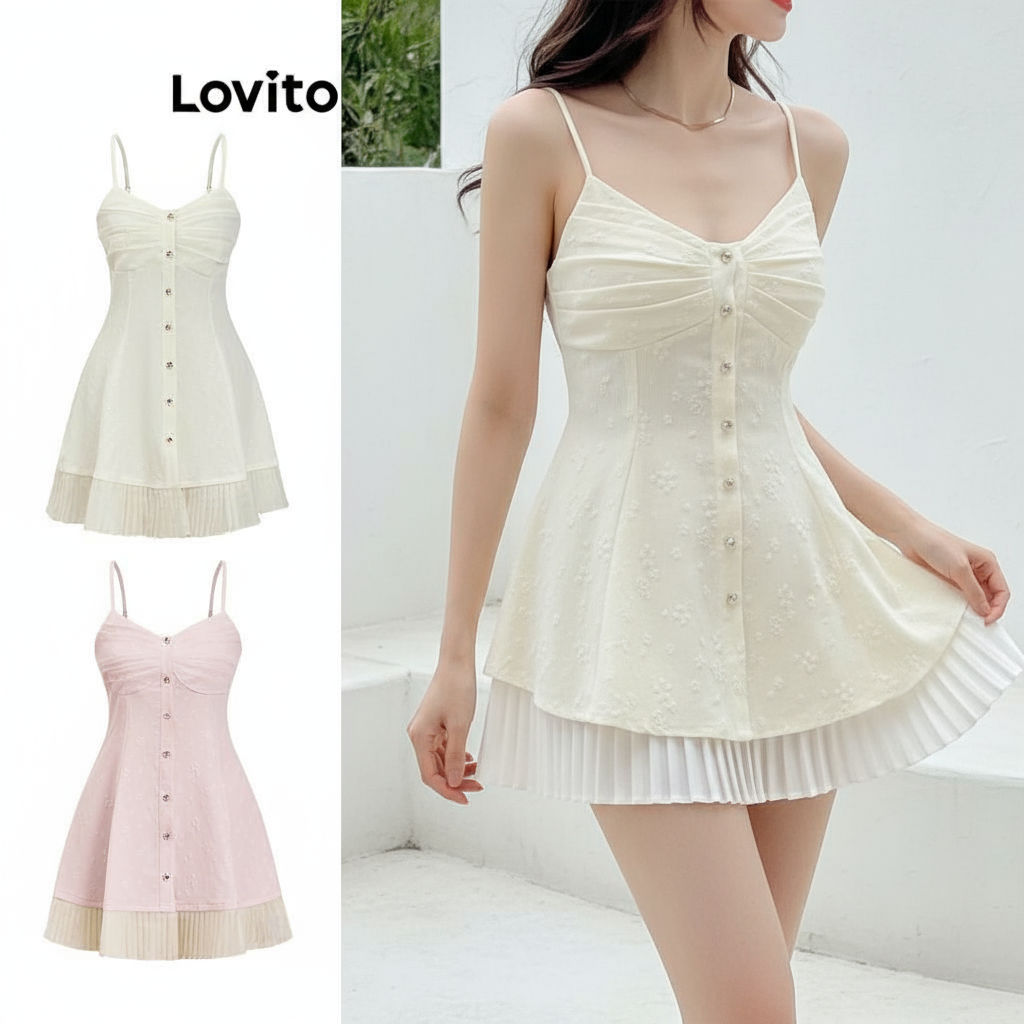 Lovito เดรสผู้หญิงสไตล์ลําลอง ผ้าแจ็คการ์ด แต่งจีบ กระดุมหน้า สําหรับฤดูร้อน L86ED347\2