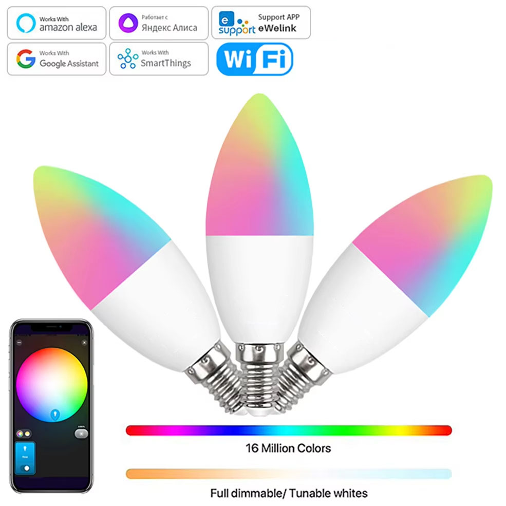 1pcs SAIMILI EWelink Wifi สมาร์ทหลอดไฟหลอดไฟ Led E14 RGB สมาร์ทหลอดไฟสมาร์ทโคมไฟสําหรับ Google Home 