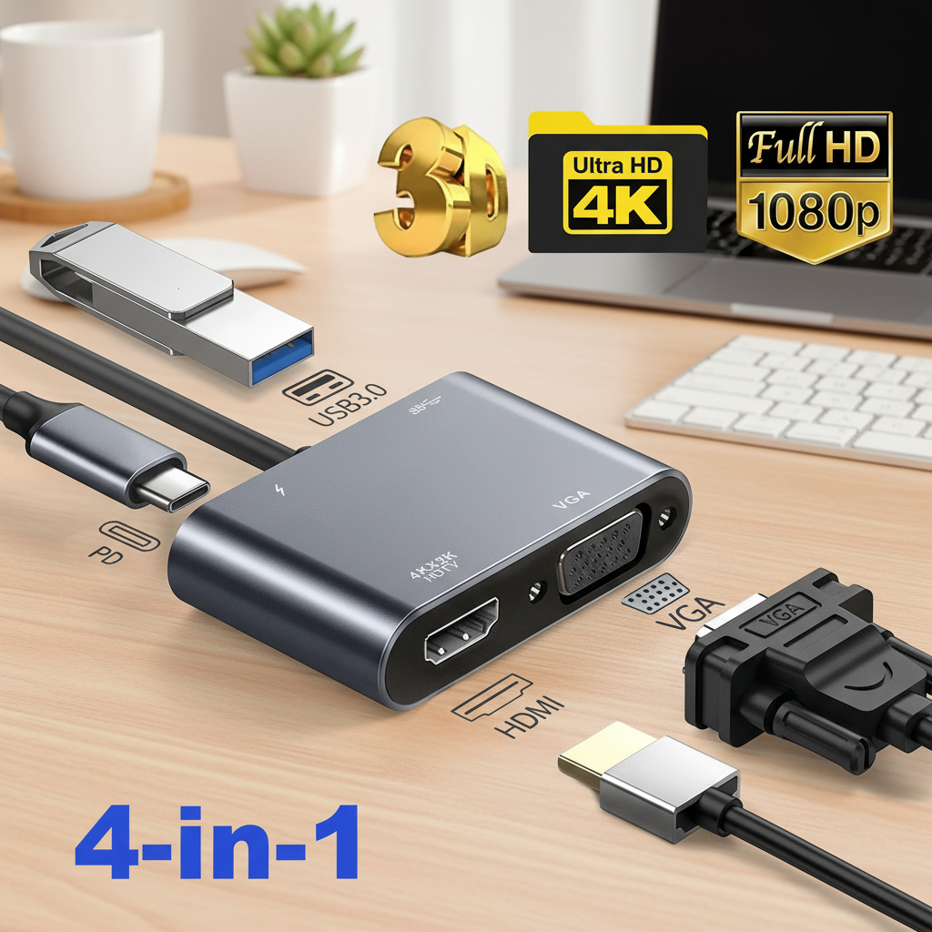อะแดปเตอร์ 4-in-1 Type C เป็น HD VGA USB Hub Digital AV พร้อมชาร์จ PD สําหรับ PC และ Laptop