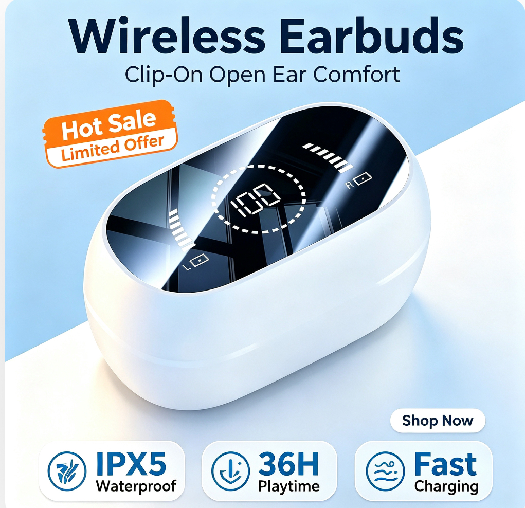 หูฟัง หูฟัง Clip-On Open-Ear Wireless Bluetooth 5.3 Air Conduction จอแสดงผลดิจิตอลกีฬาหูฟังกันน้ําไม