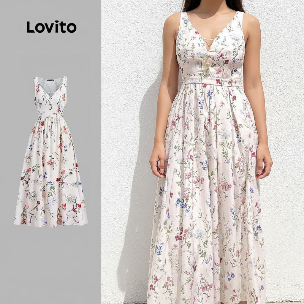 Lovito เดรสผู้หญิงลําลองชายระบายซิปข้างสําหรับสาวฤดูใบไม้ผลิฤดูร้อน L138ED397