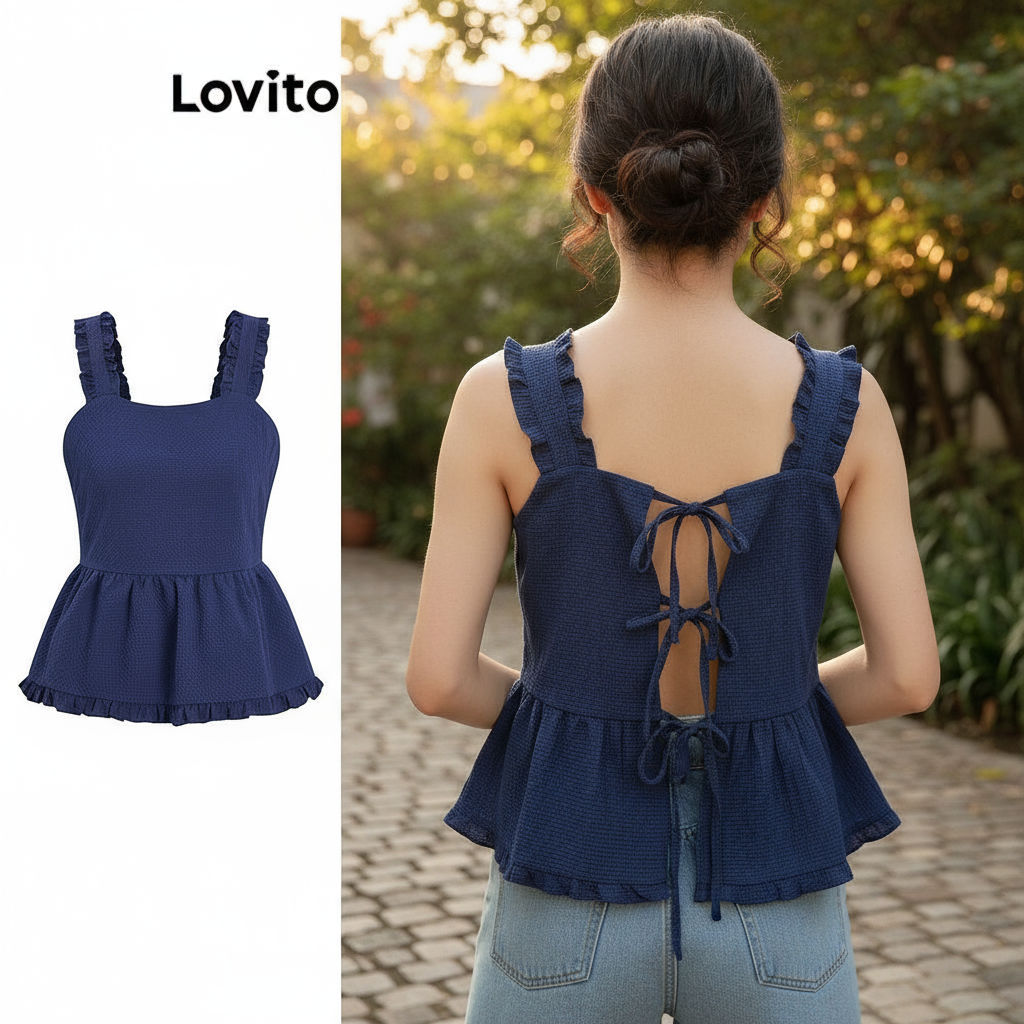 Lovito เสื้อกล้ามลําลอง ลายกิงแฮมระบายชายเสื้อTie เสื้อกล้ามด้านหลังสําหรับผู้หญิง L96MD168\4