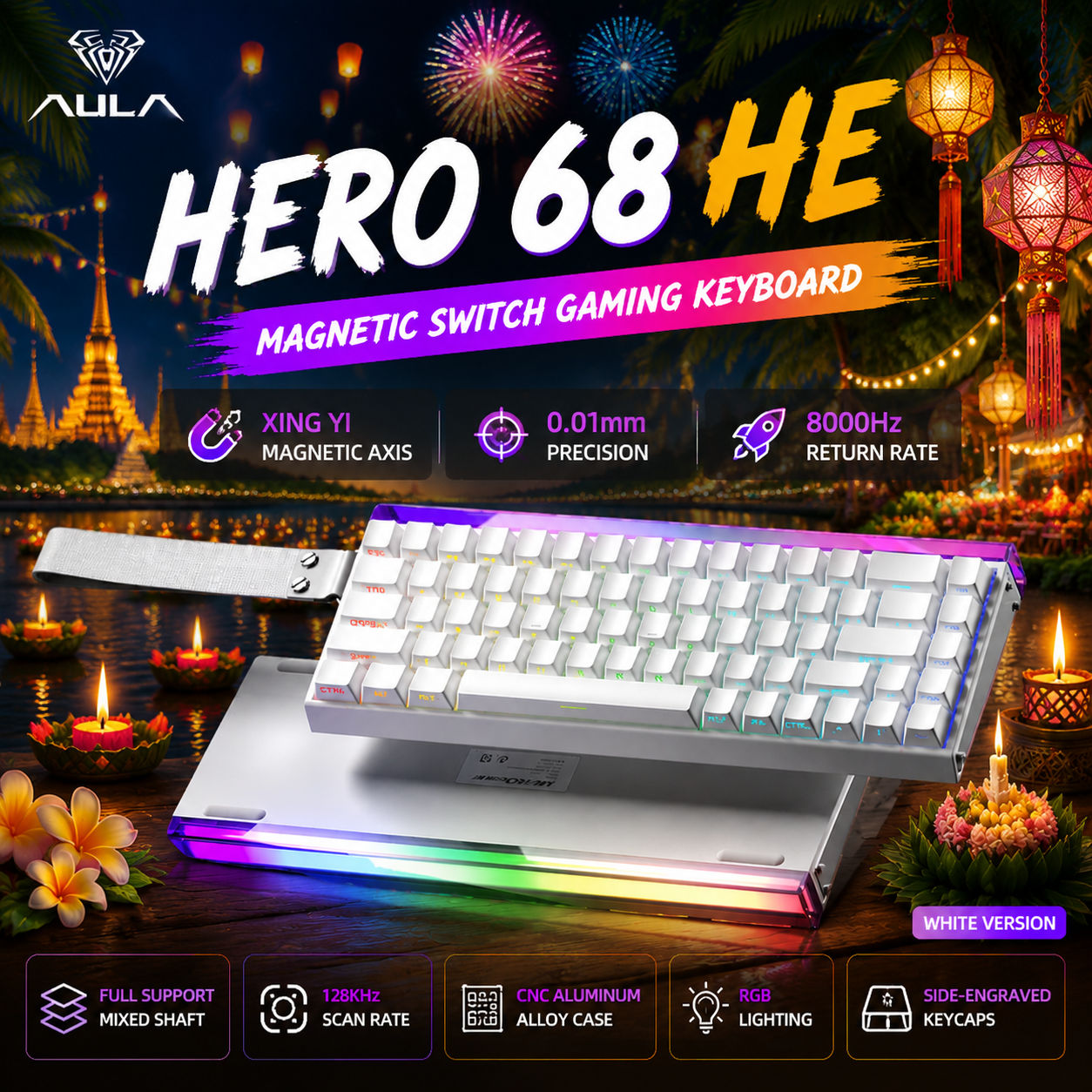 คีย์บอร์ดแมคคานิคอลสําหรับเล่นเกม AULA HERO68 HE แบบมีสาย สวิตช์แม่เหล็กเอฟเฟกต์ฮอลล์ Rapid Trigger 