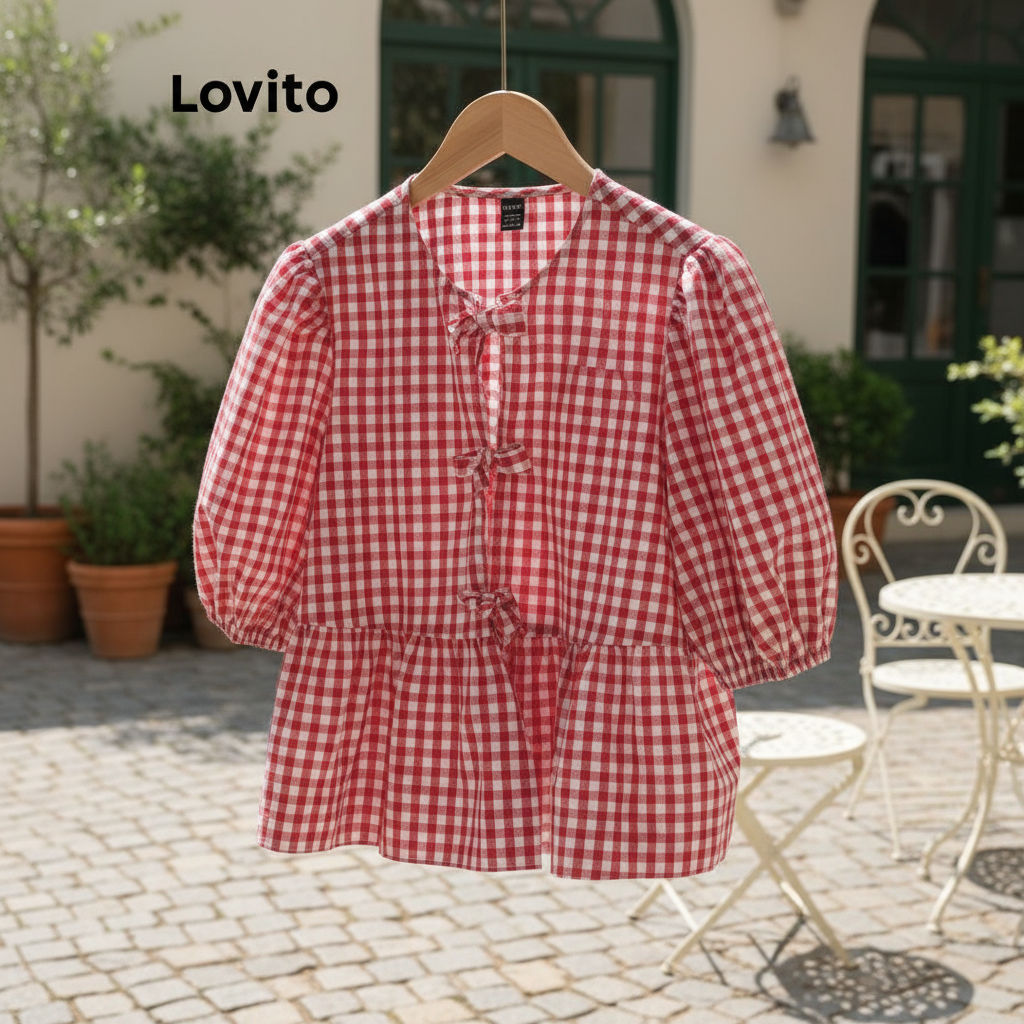 (trendy4)Lovito เสื้อเบลาส์ลายสก็อตผูกโบว์ด้านหน้าสำหรับเทศกาลคริสต์มาสสุดน่ารักสำหรับผู้หญิง L101AD