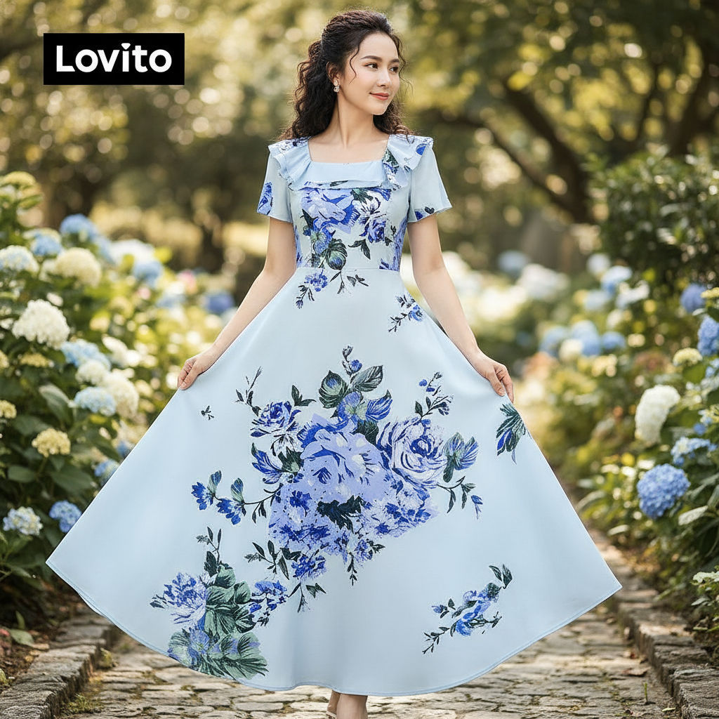 Lovito เดรสผู้หญิงลายดอกระบาย ทรงลําลอง สําหรับฤดูใบไม้ผลิ/ฤดูร้อน L150ED610