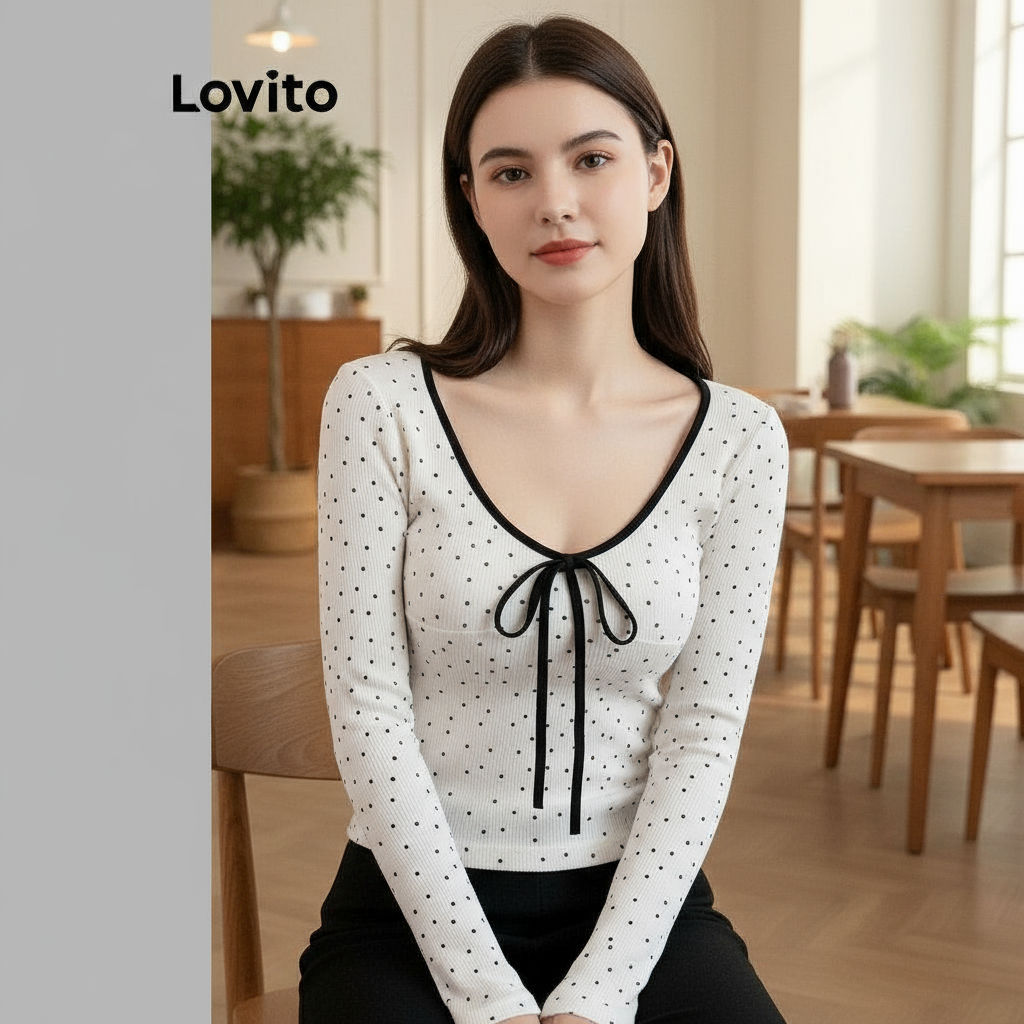 Lovito Women's Summer/Spring Casual Polka Dot Bow Tie Contrast Binding T-Shirt L110AD470