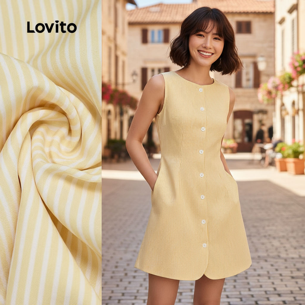 ชุดเดรสลำลองแขนกุด กระดุมหน้า คอลำลอง - DRB154PBD265