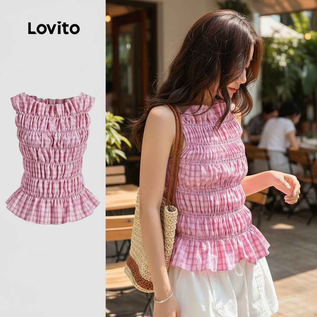 Lovito เสื้อแขนกุดลายกิงแฮม สําหรับผู้หญิงฤดูร้อนฤดูใบไม้ผลิ L125AD139\5