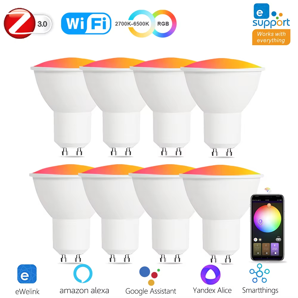 Zigbee GU10 WiFi สมาร์ทหลอดไฟ Led RGB C + W หรี่แสงได้โคมไฟ Spotlight EWelink App ควบคุมหลอดไฟเสียง 