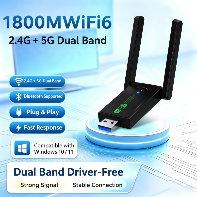 การ์ดเครือข่ายไร้สาย AX1800 WiFi6 USB พร้อมบลูทูธ 5.4, ดูอัลแบนด์ 2.4G+5G, เสียบแล้วใช้งานได้เลยไม่ต้องลงไดรเวอร์ อุปกรณ์เสริมเครือข่ายอิเล็กทรอนิกส์สําหรับเดสก์ท็อปและแล็ปท็อป