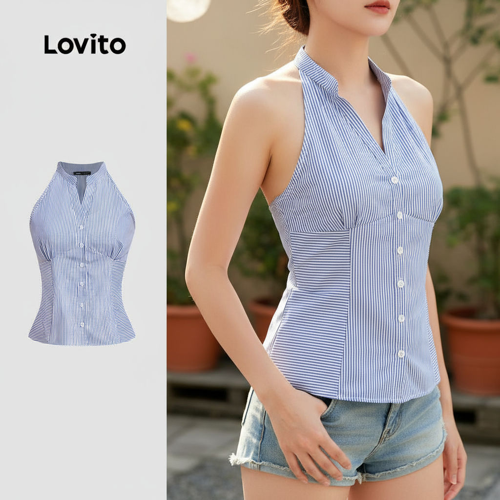 Lovito แคชชวล เสื้อสายเดี่ยวผู้หญิง สีฟ้าและสีขาว ลายทางจีบเรขาคณิต สไตล์ มีกระดุม สําหรับฤดูใบไม้ผลิและฤดูร้อน รุ่น L135ED386