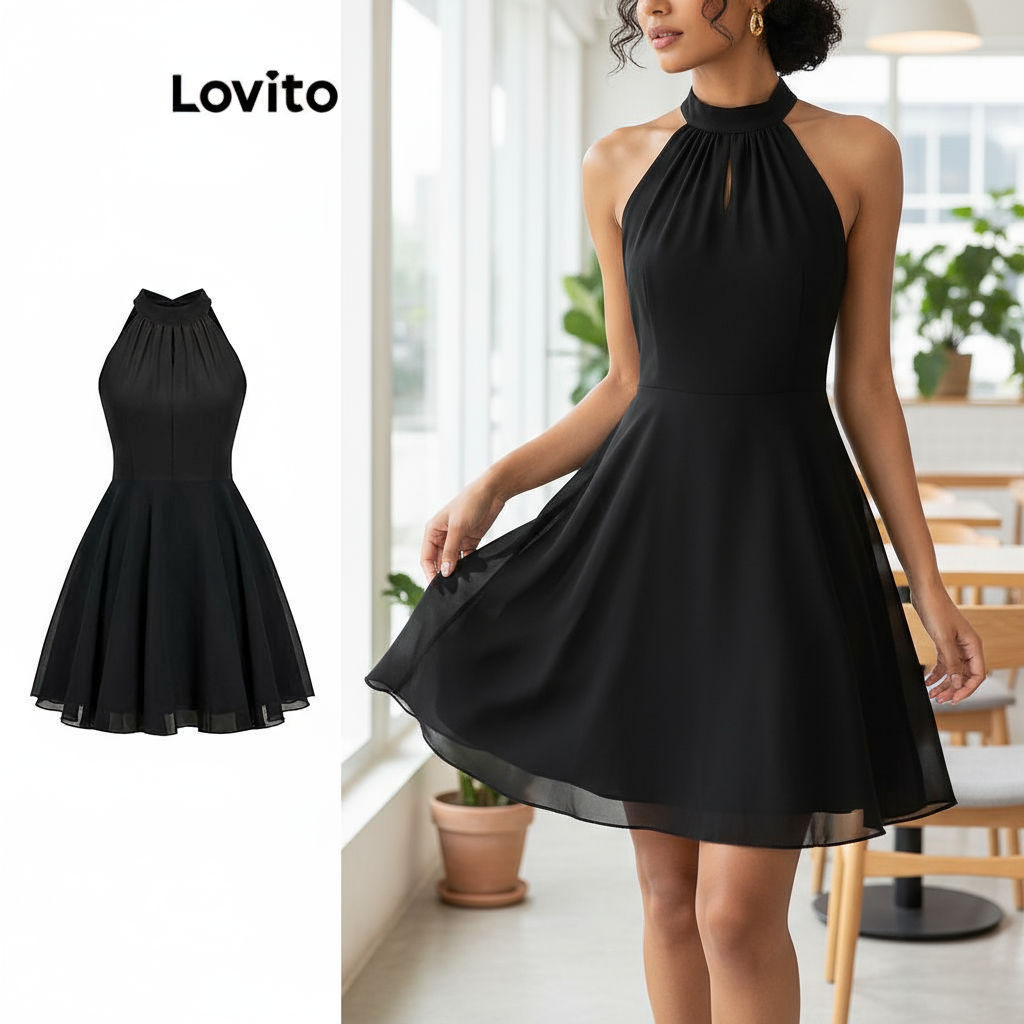 Lovito เดรสผู้หญิงสองชั้นหรูหราชุดผูกหลังเรียบๆ L80ED448