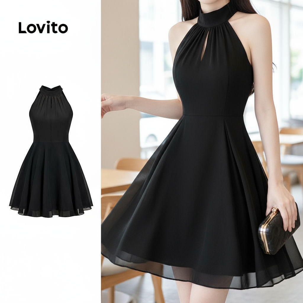 Lovito เดรสผู้หญิงดีไซน์เรียบหรู ผูกหลังสองชั้น รุ่น L80ED448\5