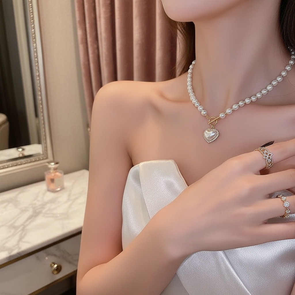 1 ชิ้น สร้อยคอผู้หญิงสไตล์นางฟ้าหรูหราประดับไข่มุกเทียมรูปหัวใจโซ่คล้องคอแบบ OT