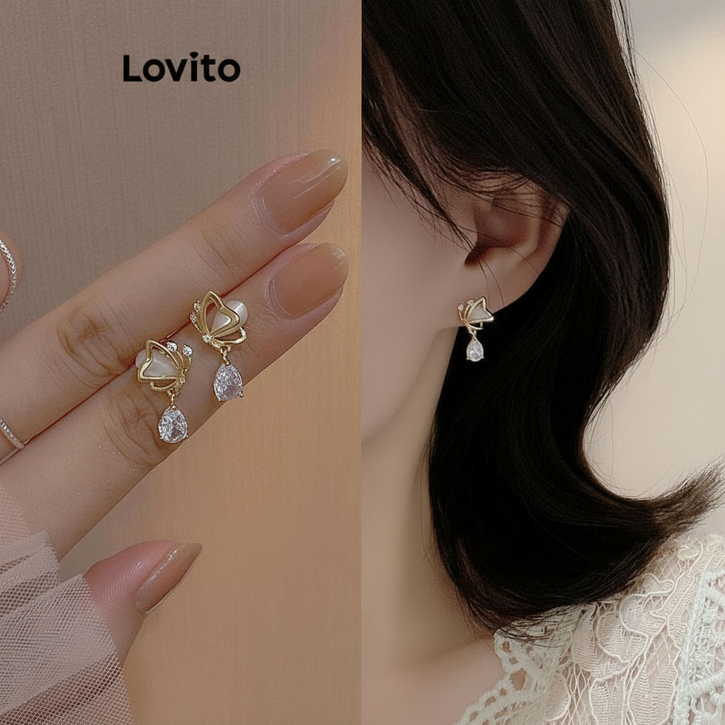 Lovito สง่างาม ต่างหูผู้หญิงรูปผีเสื้อ ประดับพลอยเทียม ดีไซน์ลําลอง รุ่น LFA23330