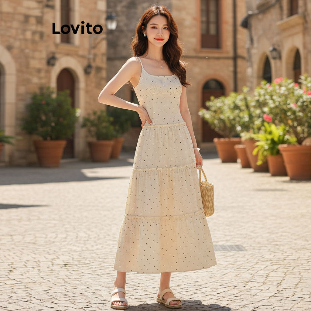 Lovito เดรสผู้หญิงลายเรียบง่าย ใส่สบาย LNA75411