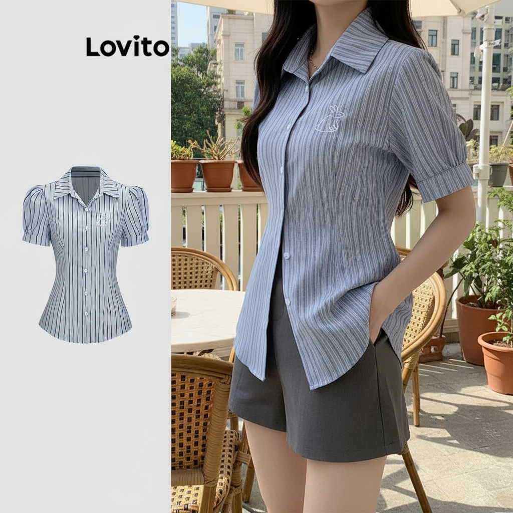Lovito เสื้อเชิ้ตผู้หญิงแขนพองลายปักติดกระดุมด้านหน้า L58AD035 สีฟ้า