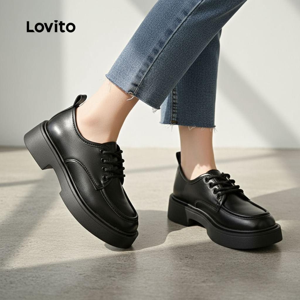 Lovito รองเท้าโลฟเฟอร์หนังสีดําสไตล์อังกฤษย้อนยุค ผูกเชือกสําหรับผู้หญิง LFA76314\3