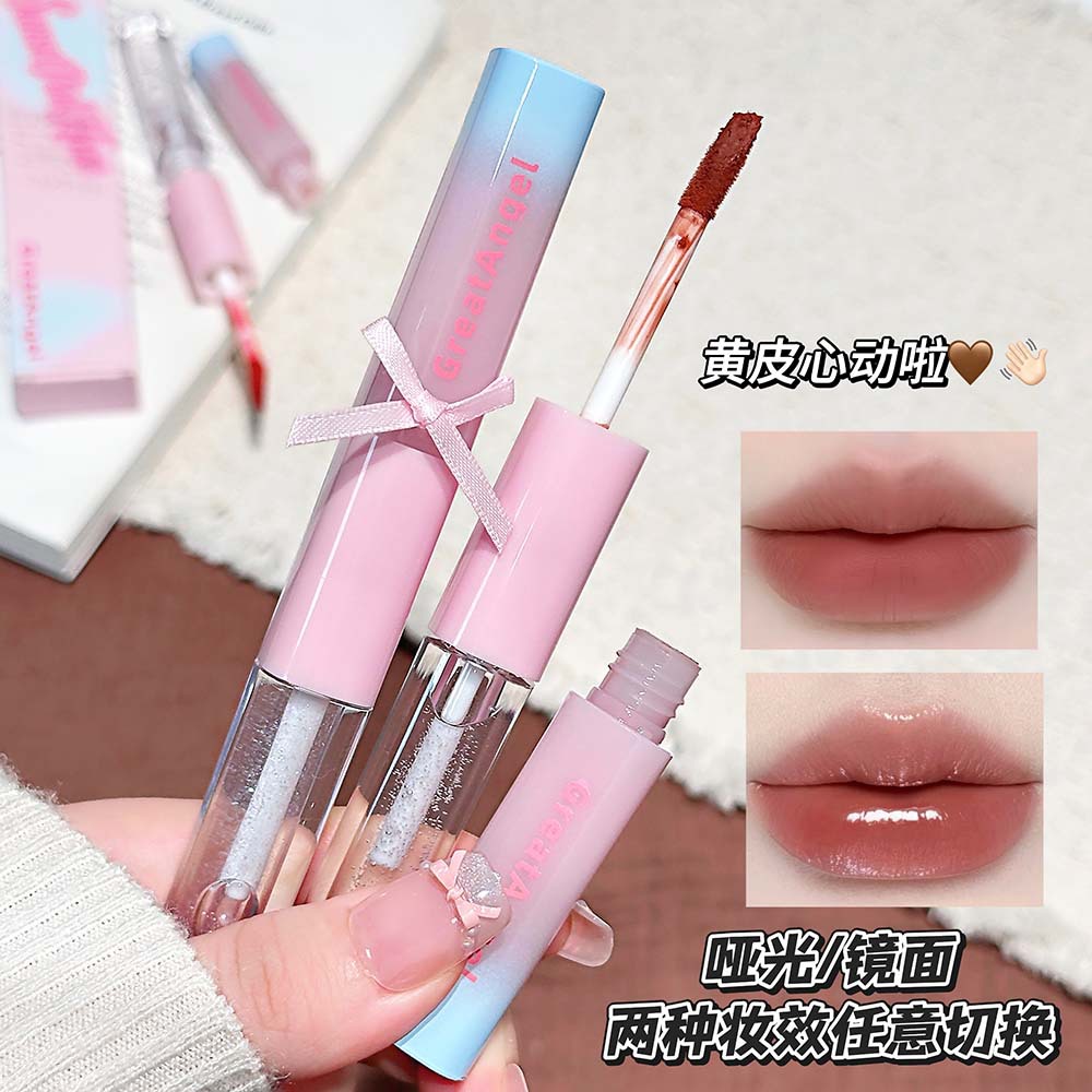 GreatAngel Sunset Pink Mist Double-Ended Lip Glaze, Velvety Fine Matte Glaze, Mirror Oil