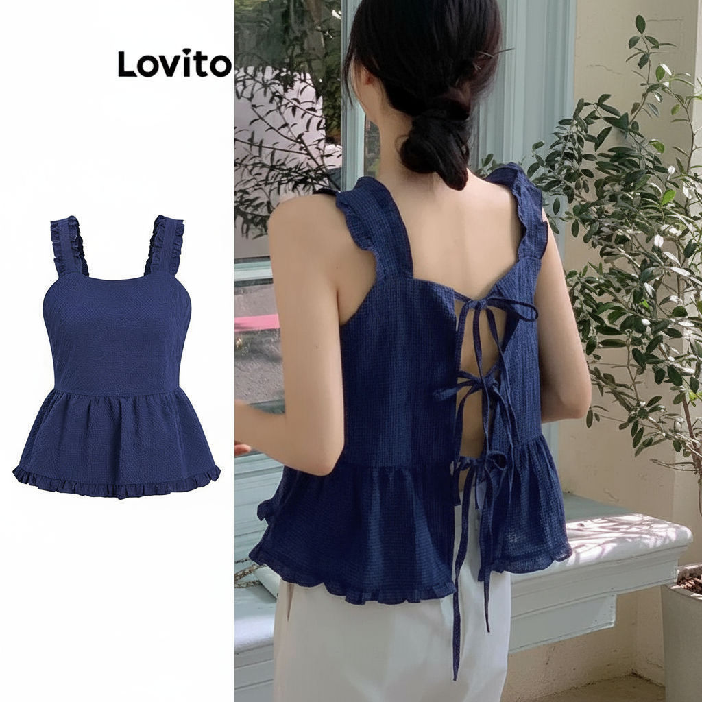 trendy2-Lovito เสื้อกล้ามลําลอง ลายกิงแฮมระบายชายเสื้อTie เสื้อกล้ามด้านหลังสําหรับผู้หญิง L96MD168
