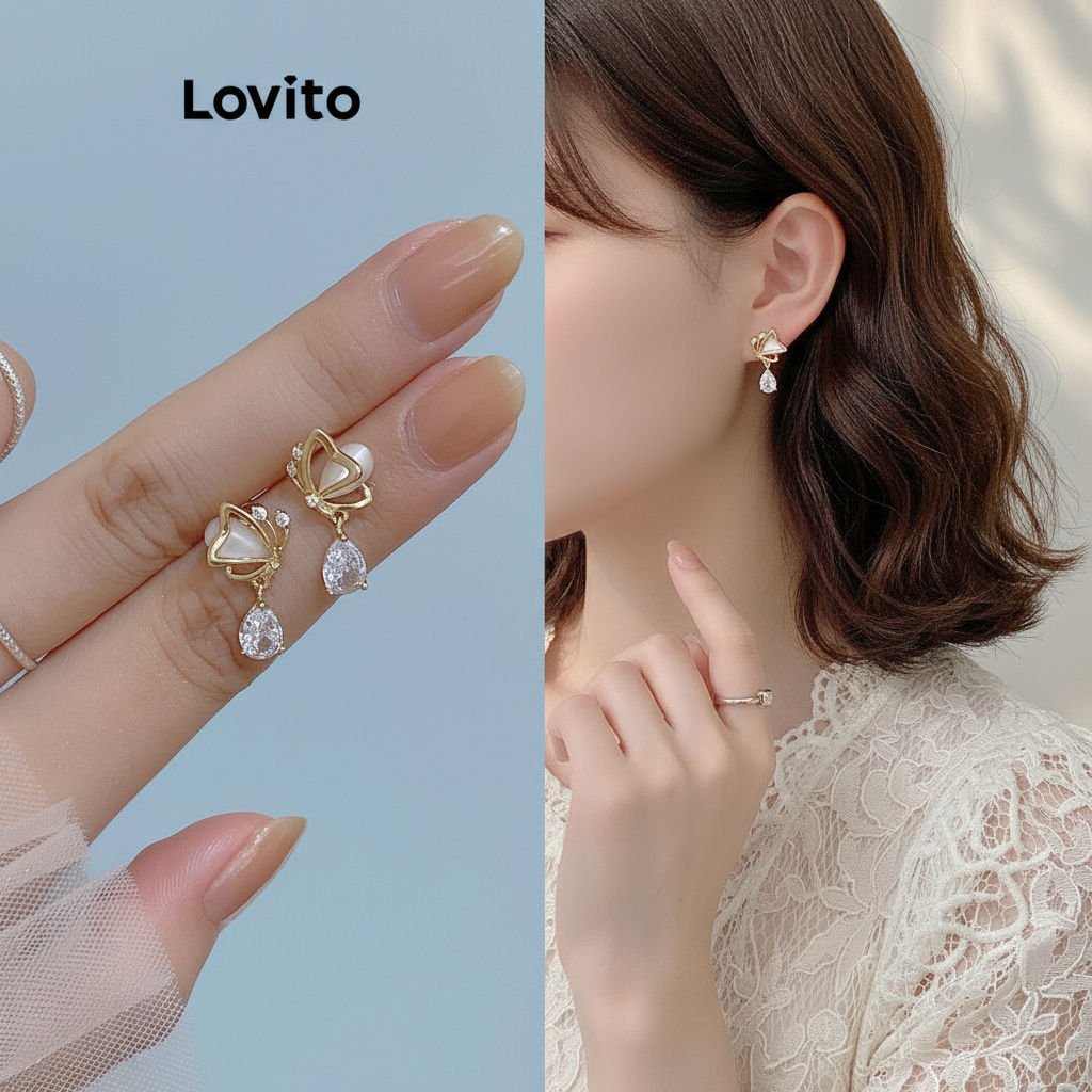 Lovito สง่างาม ต่างหูผู้หญิง ลายผีเสือ ประดับพลอยเทียม ดีไซน์ลําลอง รุ่น LFA23330