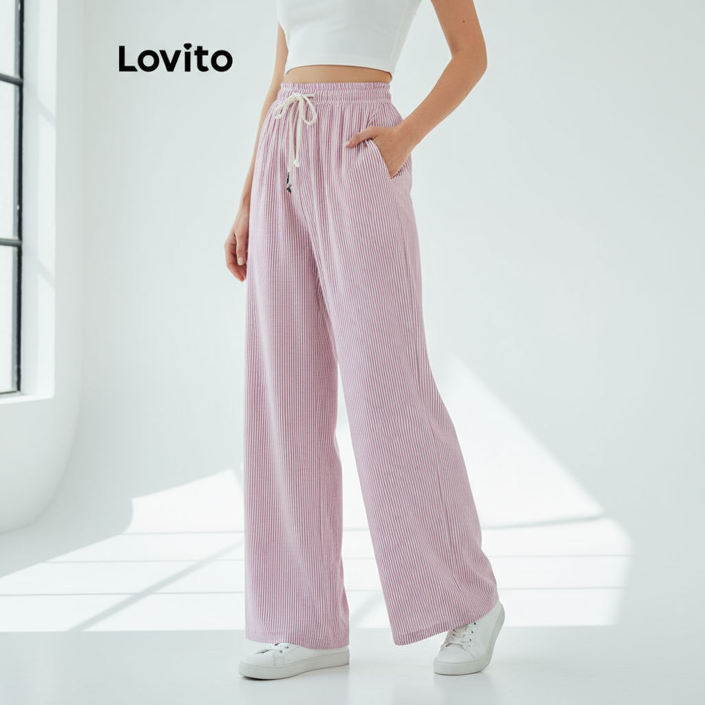 Lovito กางเกงผู้หญิงลายทางด้านข้าง ดีไซน์ผูกเอว สไตล์น่ารัก รุ่น L102AD249\3