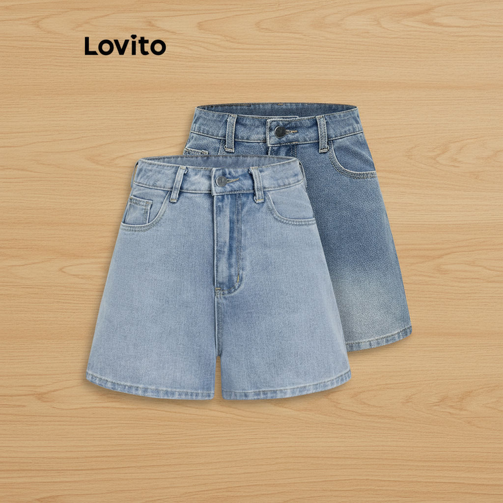 trendy3-Lovito กางเกงขาสั้นเดนิมลําลอง กางเกงขาสั้นผ้าเดนิมปุ่มธรรมดาสําหรับผู้หญิง L82AD168 (หลากสี