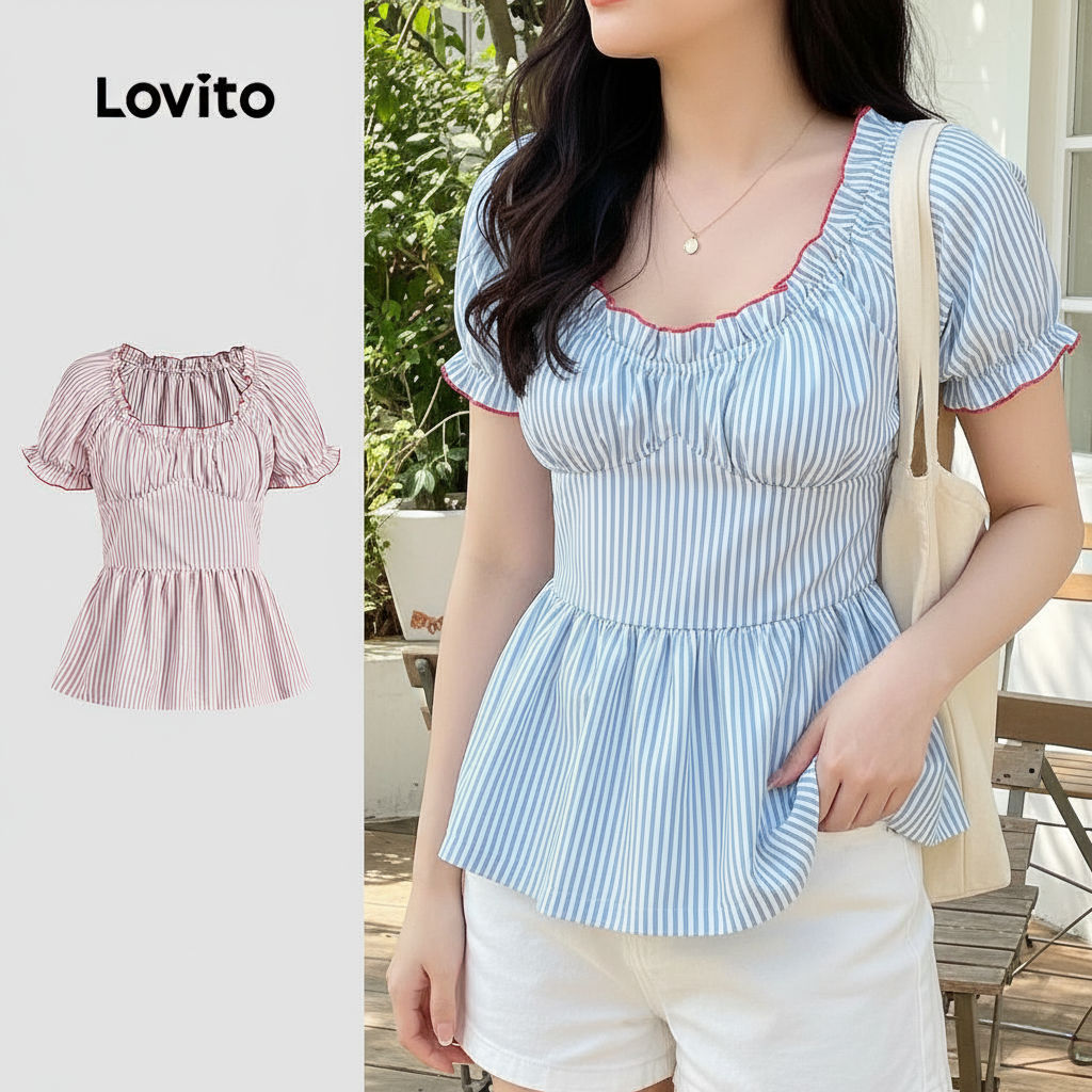 Lovito เสื้อผู้หญิง ลายจีบคมชัด ผูกสม็อค ผูกพัน สไตล์น่ารัก สําหรับฤดูร้อน ฤดูใบไม้ผลิ L125AD492\3