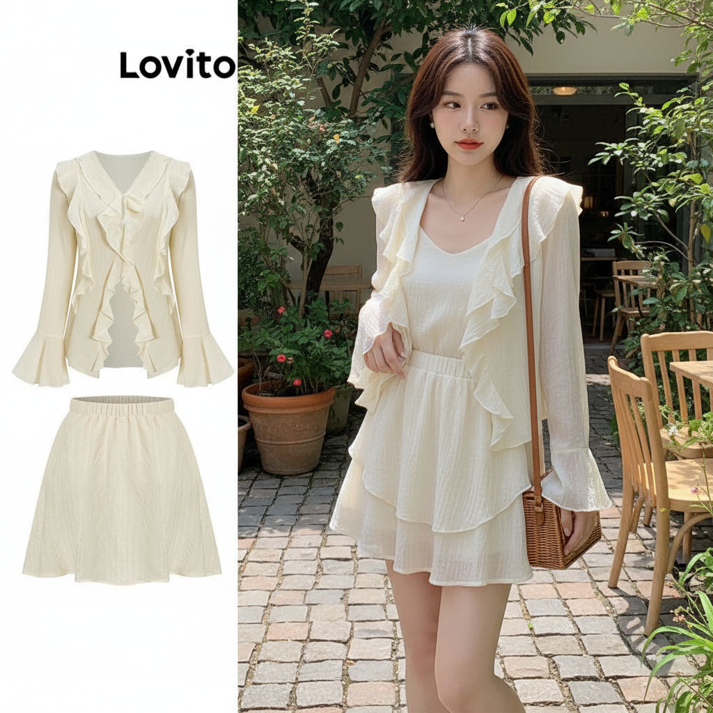 (trendy6)Lovito เสื้อลําลอง นัวเนีย ธรรมดา มีซับใน พร้อมเสื้อเซฟตี้หรือกระโปรงสําหรับผู้หญิง L61AD10