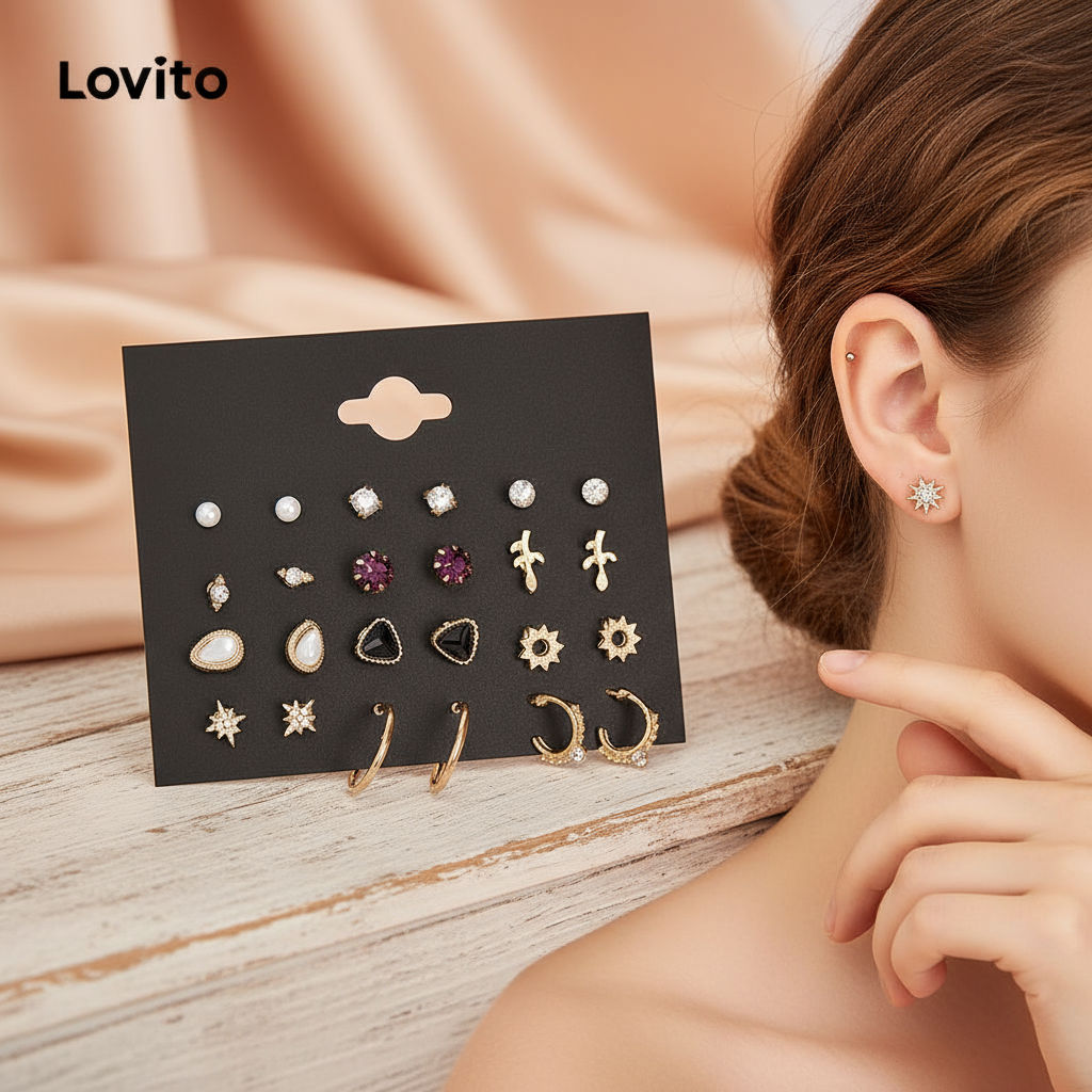 Lovito ต่างหูรูปทรงเรขาคณิต ประดับไข่มุกและไรน์สโตน ทรงหยดน้ํา สําหรับผู้หญิง รุ่น L60AD025 สีทองเหล