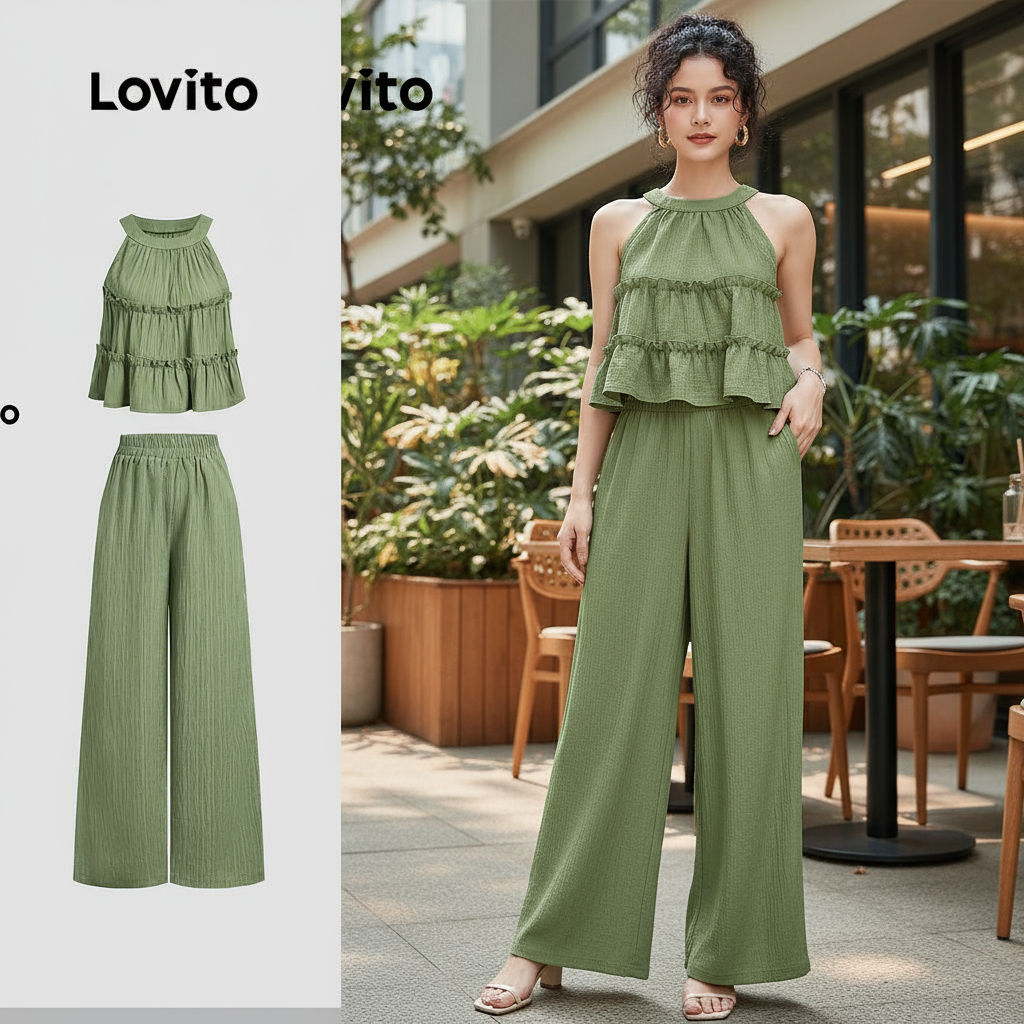 Lovito ชุดเซตกางเกงผู้หญิง ทรงหรู สีเขียวอ่อน แต่งระบาย ขอบกางเกงทรงหลวม LB135LD425