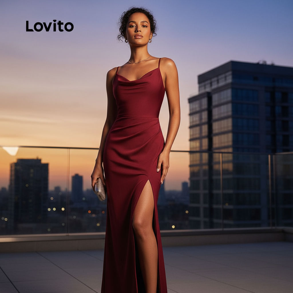 Lovito ชุดเดรสปาร์ตี้คริสต์มาส จีบผ่าหน้า เดรสฤดูใบไม้ผลิ/ฤดูร้อน สีคลาเร็ต สำหรับผู้หญิง L155ED043\