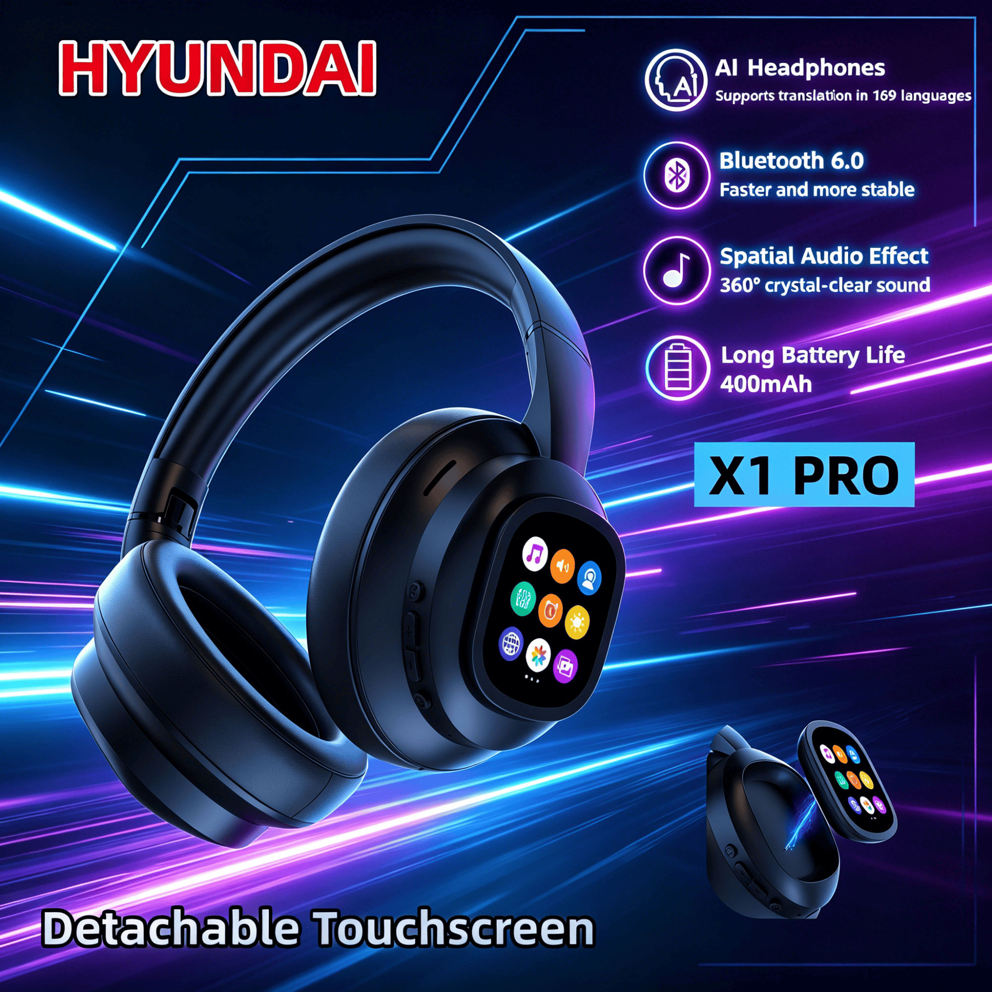HYUNDAI X1PRO หูฟังหูฟังที่ถอดออกได้แม่เหล็กหน้าจอสัมผัสชุดหูฟังบลูทูธไร้สาย AI การแปลด้วยเสียง 150 