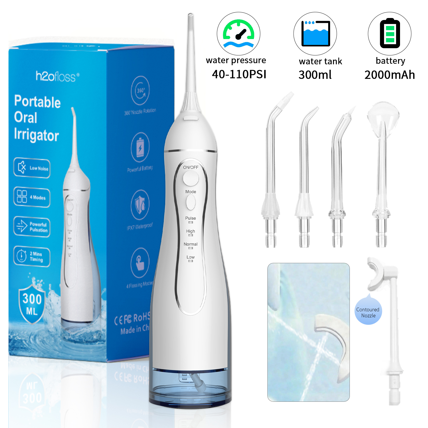 เครื่องฉีดน้ําทําความสะอาดฟันแบบไร้สาย H2ofloss C102 ขนาด 300 มล. แบตเตอรี่ 2000mAh โหมดทําความสะอาด