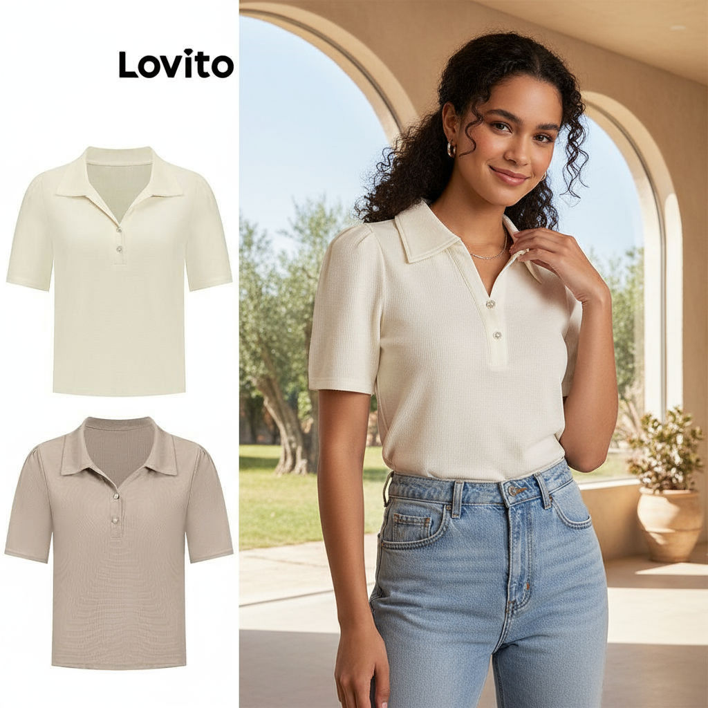 Lovito เสื้อยืดคอปกโปโลไข่มุกลําลองสําหรับผู้หญิง LBL10131