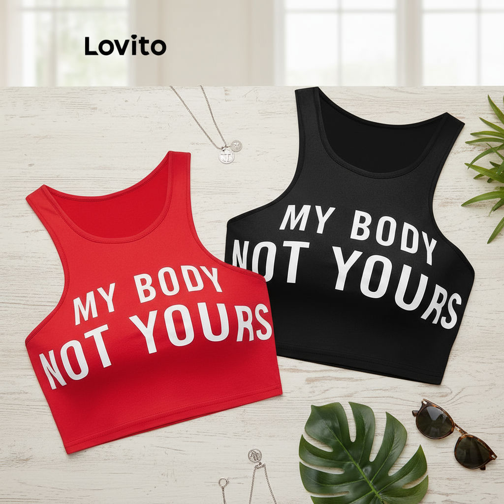 Lovito เสื้อกล้ามผู้หญิงสไตล์ Y2K ลําลอง ตัวอักษร Basic Tank Top สําหรับสุภาพสตรี L88AD017 (หลากสี)
