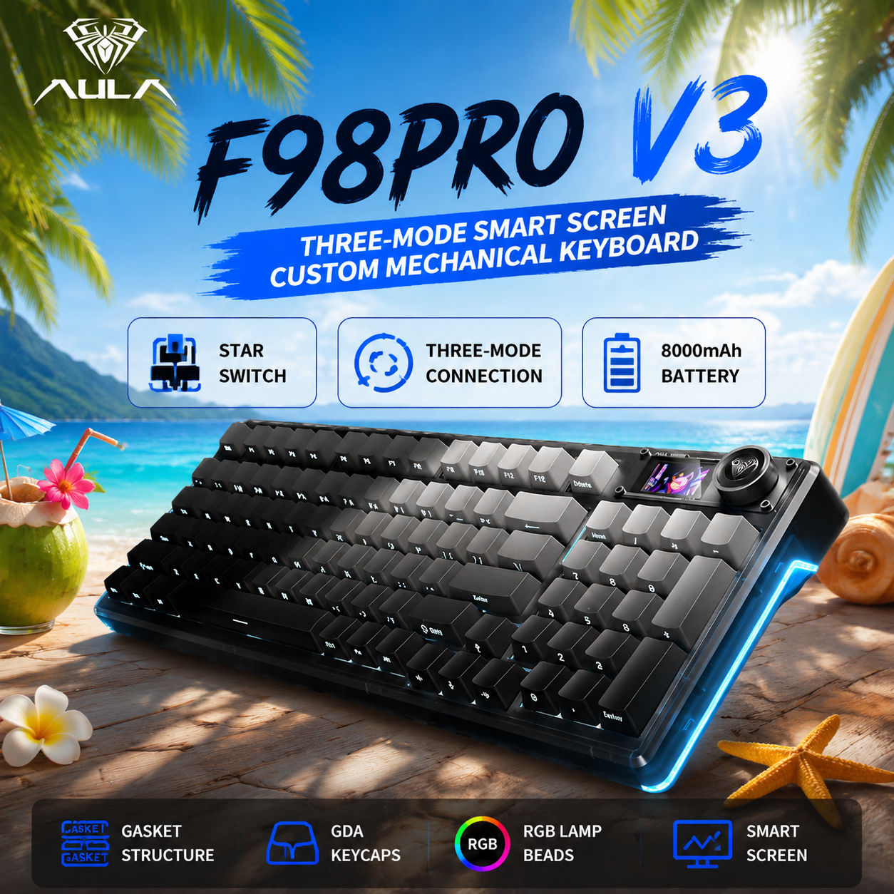 คีย์บอร์ดแมคคานิคอลเกมมิ่ง AULA F98 Pro V3 สวิตช์ Star ถอดสวิตช์ได้, ไฟ RGB, 98 ปุ่ม