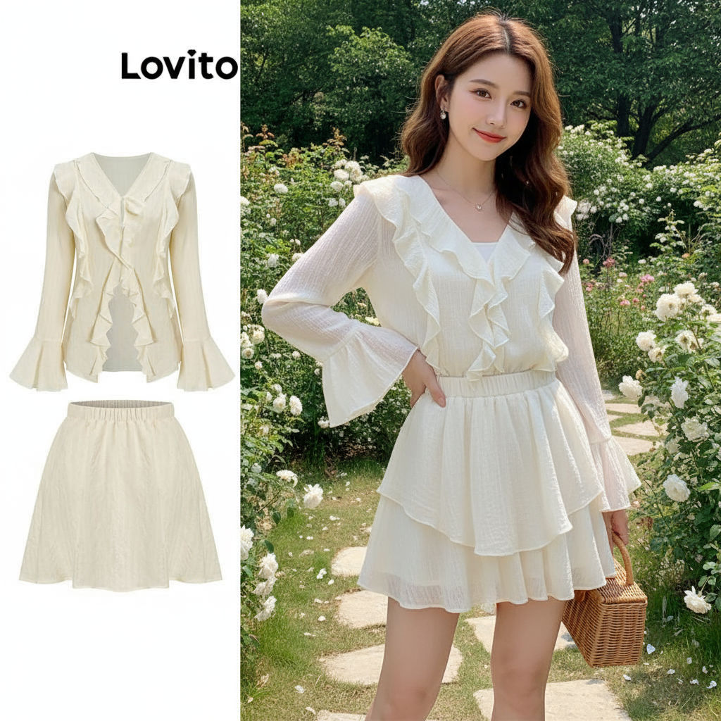 Lovito เสื้อเบลาส์ลําลองผู้หญิง ดีไซน์ระบาย มีซับใน พร้อมเสื้อกล้ามนิรภัยหรือกระโปรง รุ่น L61AD100