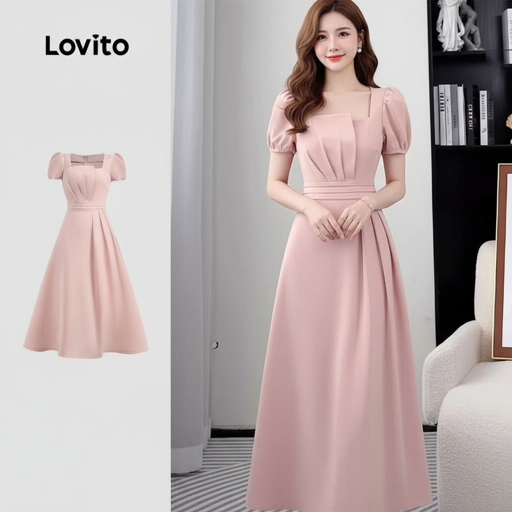 trendy4-Lovito ชุดเดรสอัดพลีทสีพื้นหรูหราสําหรับผู้หญิง L133ED888