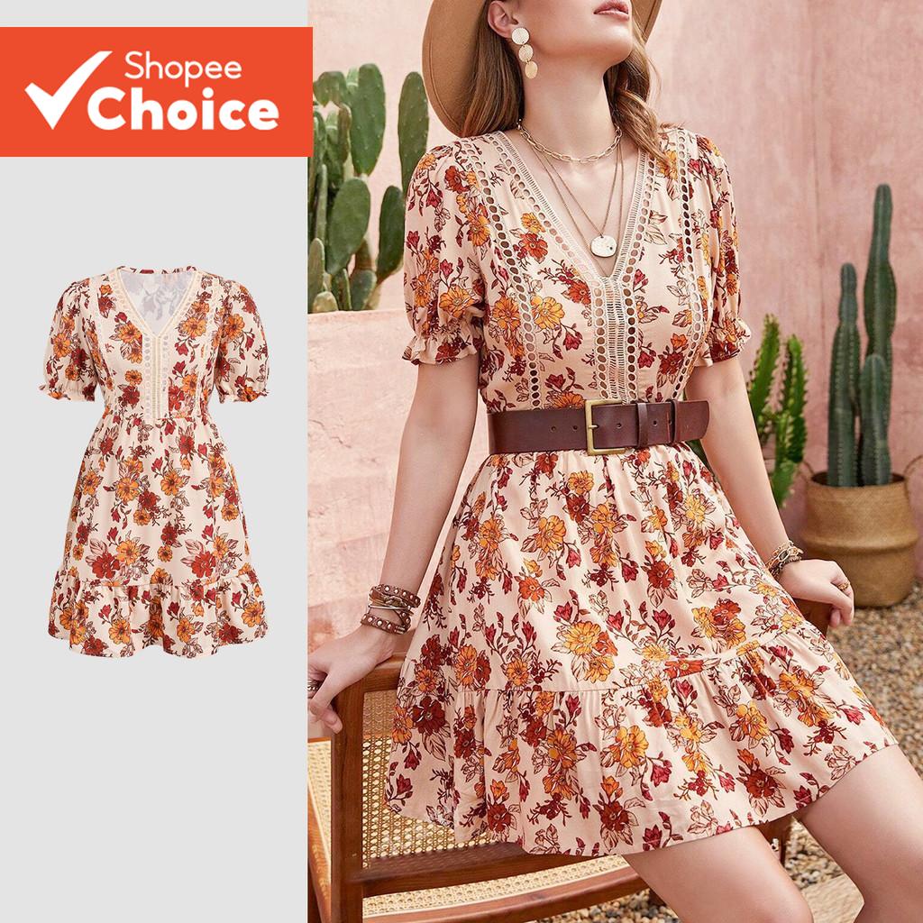 ผู้หญิง Boho ชุดเดรสคอระบายลายดอกไม้ LBL24567